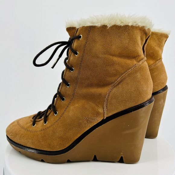Vintage Y2K Michael Kors Tan Suede Faux Fur Lace-Up Wedge Ankle Boots - Picture 5 of 8